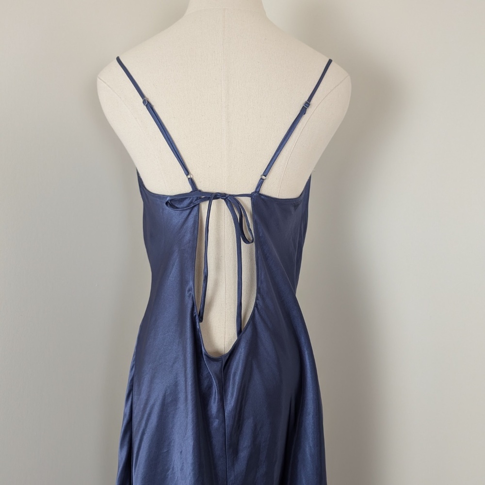90s Navy Maxi Satin Slip Cowl Neckline Spaghetti Straps Floor Length Open Back - Picture 13 of 14